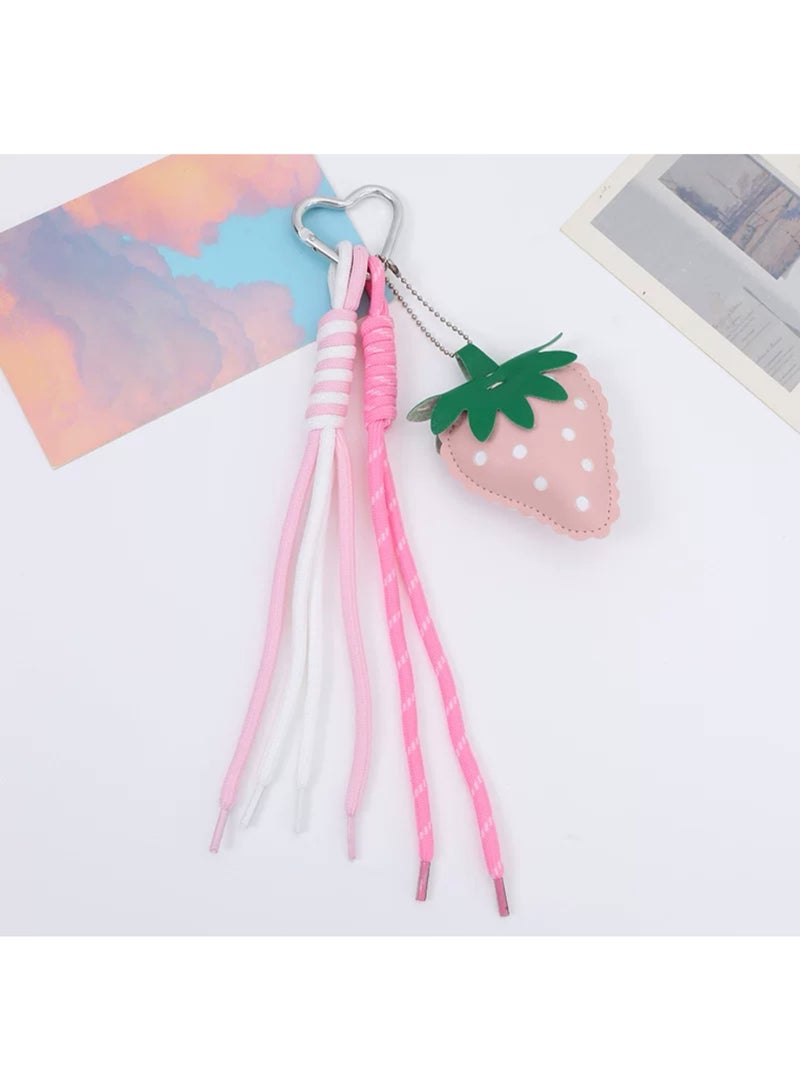 Cute strawberry keychain, woven leather cord, bag charm